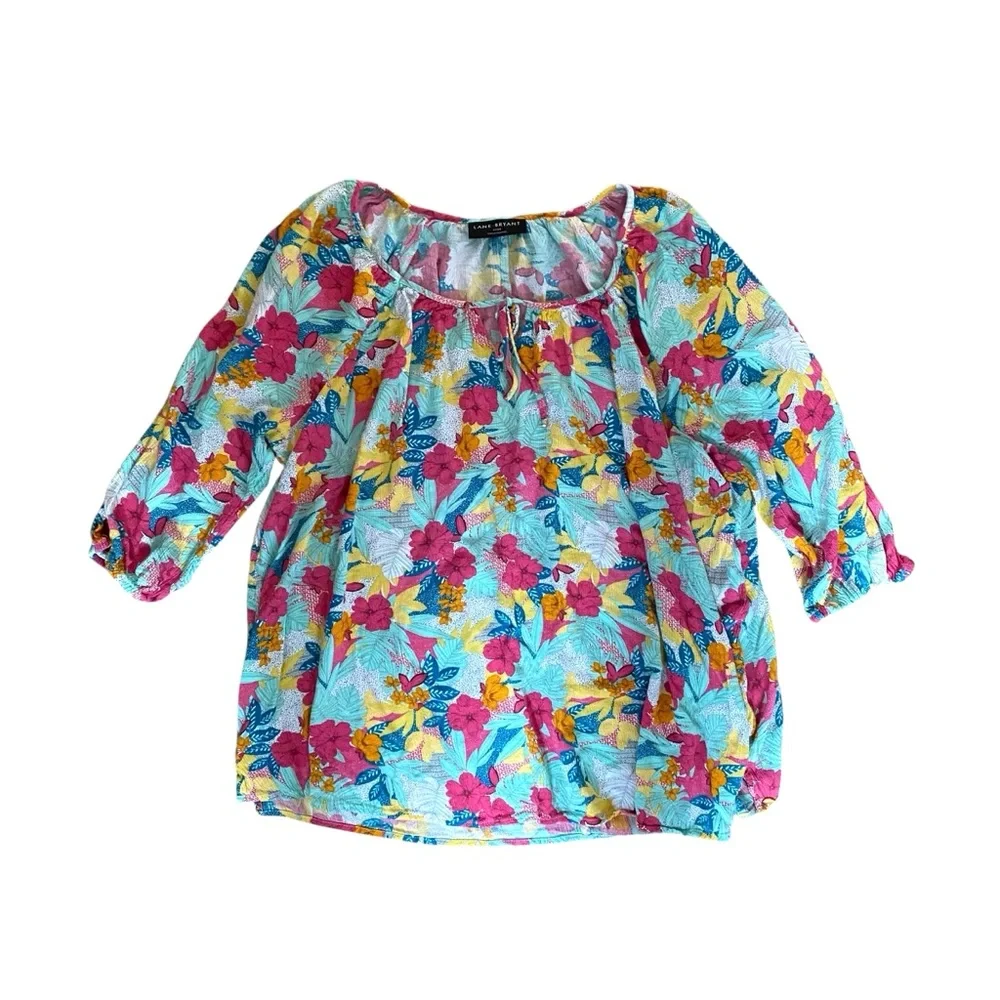 Lane Bryant 3X Classic Medium-Sleeve Peasant Top in Bali Bliss with 3/4 Sleeves - Picture 2 of 12
